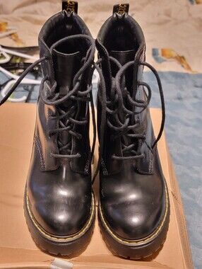 Dr. Martens Black Lace-Up Women's Persephone Boots with Yellow Welt Stitch